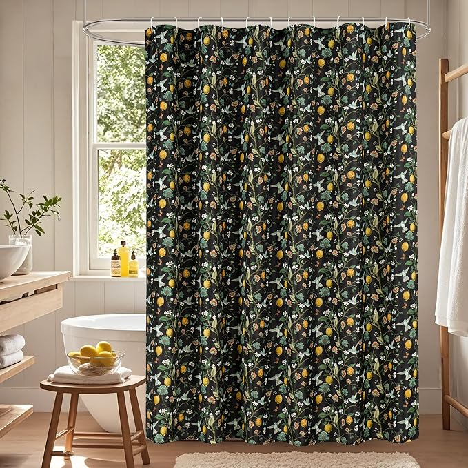 Floral Bird Shower Curtain 72x72, Hummingbird and Lemon Botanical Fabric Bath Curtains, Lightweight Quick-Dry Bathroom Decor Set with Hooks, Black
