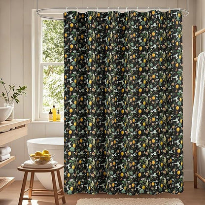 Floral Bird Shower Curtain 72x72, Hummingbird and Lemon Botanical Fabric Bath Curtains, Lightweight Quick-Dry Bathroom Decor Set with Hooks, Black