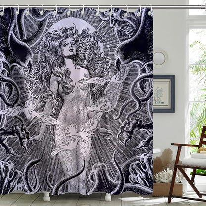 Gray White Gothic Snake Goddess Vintage Art Shower Curtain Set 72x72 Inches | Vintage Gothic Snake Goddess Myth Print, Dark Indie Home Guest Housewarming Dark Art Lover Bath Decor, With Fabric Hooks
