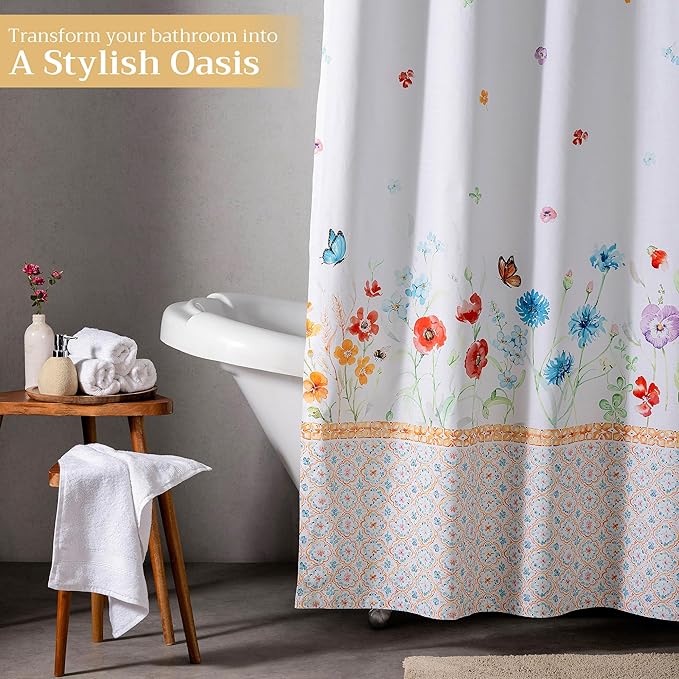 Maison d' Hermine Shower Curtain 100% Cotton One Panel 70"x72" Washable Fabric Shower Curtains for Bathroom, Easy Hanging with 12 Button Holes - Home Hotel Spa Easter Gifts (Summer Whisper)