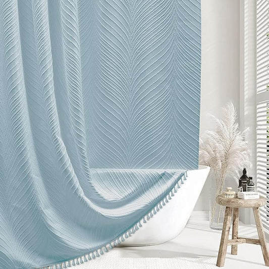 Fog Blue Boho Woven Fabric Cute Shower Curtain, 72 x 72 Tufted Leaves Textured Striped Modern Farmhouse Minimalist Cloth Shower Curtain for Bathroom