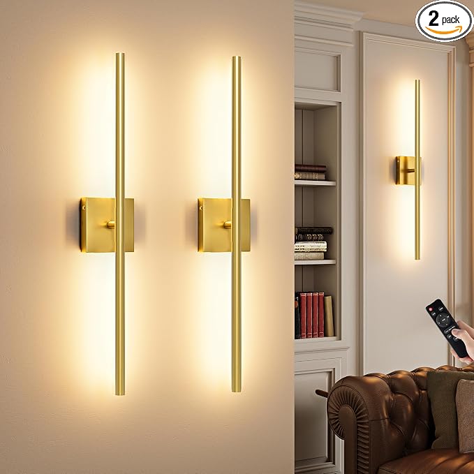 Morauroral Painted Gold Battery Operated Wall Sconces with Remote Control, Rechargeable Wall Sconces Set of 2, LED Sconces Wall Lighting, Wireless Wall Lights for Bedroom, Living Room, Background Wall