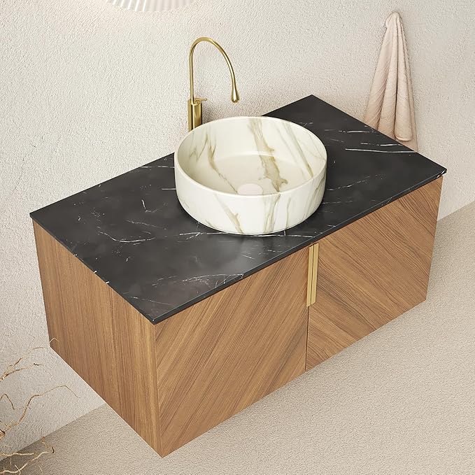 36 Inch Bathroom Vanity with Sink Combo, Floating Vanity Bathroom with Vessel Sink, Modern Bathroom Vanity Cabinet with Doors, Sintered Stone Countertop and Stone Pattern Sink,Brown Oak