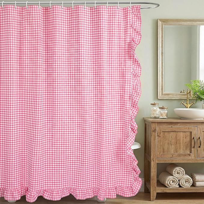 HunnmingRe Ruffled Gingham Shower Curtain Pink | 72'' x 72'' Vintage Farmhouse Curtain, Cotton Cottage Core Rural Checkered Plaid Decor, Fall Shower Curtain for Bathroom