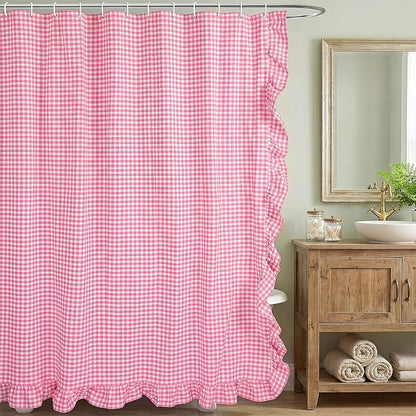 HunnmingRe Ruffled Gingham Shower Curtain Pink | 72'' x 72'' Vintage Farmhouse Curtain, Cotton Cottage Core Rural Checkered Plaid Decor, Fall Shower Curtain for Bathroom
