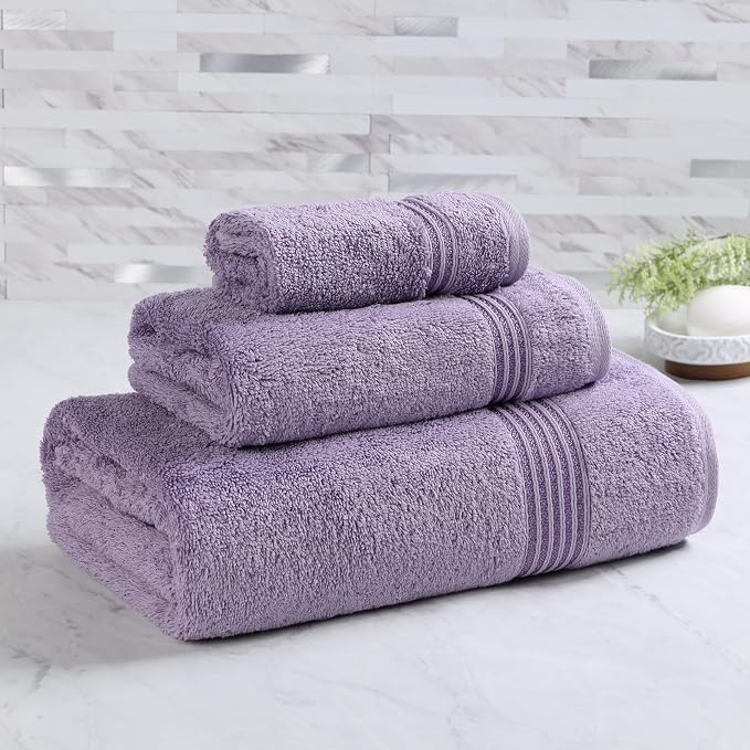 SUPERIOR Egyptian Cotton 3-Piece Towel Set, Basic Towels for Bathroom, Home Decor, Guest Bath, Shower, Apartment, Included 1 Face, 1 Hand, 1 Bath Towel, Washcloth, Quick Dry, Royal Purple