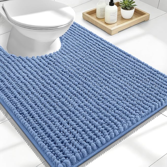 OLANLY Thick Chenille Toilet Rugs U-Shaped 24x20, Cornflower Blue | Soft Absorbent Shaggy Contour Bathroom Rugs for Toilet, Dry Quickly, Machine Washable, Non-Slip Bath Mat
