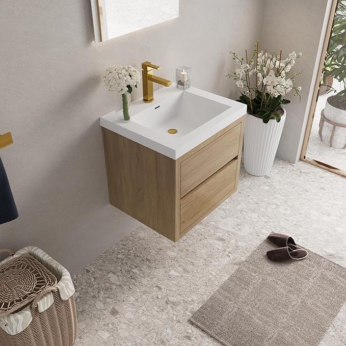 Modern 24" Wall-Mounted Bathroom Vanity with Sink | Floating Storage Cabinet, Stone Resin Countertop, Soft Close Drawers | Natural Oak
