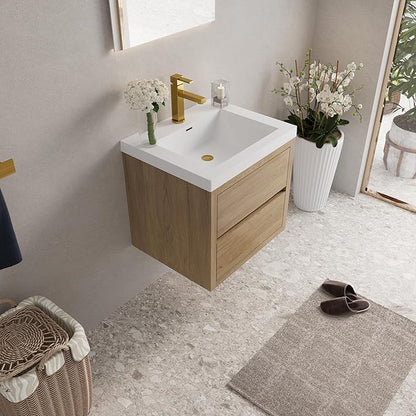 Modern 24" Wall-Mounted Bathroom Vanity with Sink | Floating Storage Cabinet, Stone Resin Countertop, Soft Close Drawers | Natural Oak