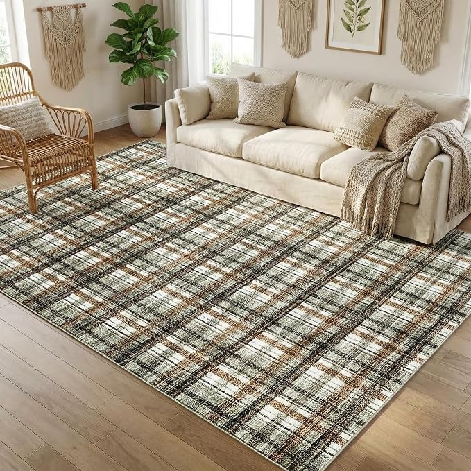 Living Area Rug 6 x 9 Washable Modern Farmhouse Non Slip Throw Rugs Large Bedroom Rug Low Pile Soft Stain Resistant Carpet for Dining Room Nursery Office 6'x9' Celadon&Coffee