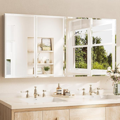 TETOTE 64 x 32 Medicine Cabinet with Tempered Beveled Mirror Silver Aluminum Cabinet DTC Hinges, Stepless Adjustable Shelves, Recessed/Surface-Mounted