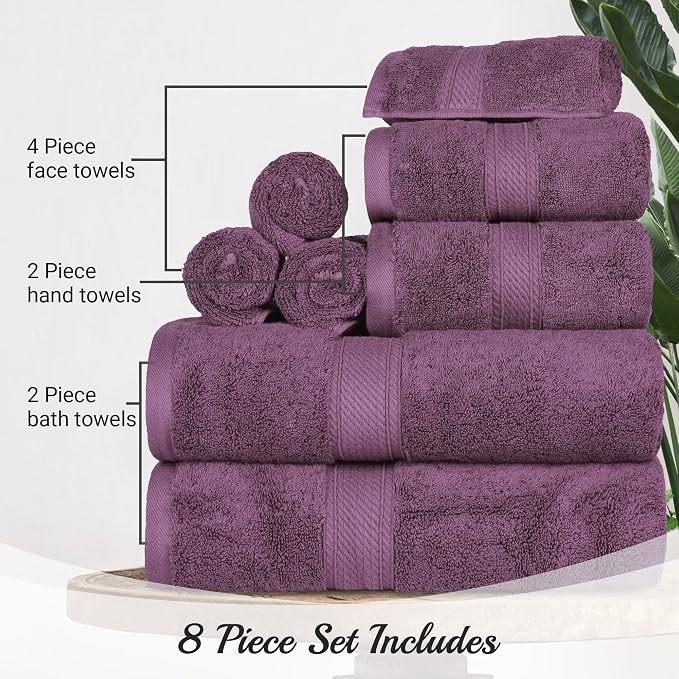 SUPERIOR Egyptian Cotton Ultra Plush & Absorbent, 8 Piece Set, Plum | Quick Dry, Soft Luxury Towel Set, Bath Essentials, Guest Bath, Spa, 2 Bath, 2 Hand, 4 Face Towels, Madeline Towels