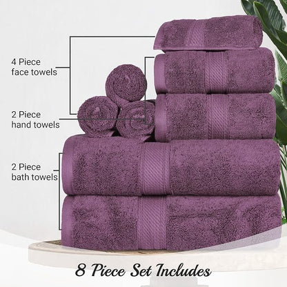 SUPERIOR Egyptian Cotton Ultra Plush & Absorbent, 8 Piece Set, Plum | Quick Dry, Soft Luxury Towel Set, Bath Essentials, Guest Bath, Spa, 2 Bath, 2 Hand, 4 Face Towels, Madeline Towels