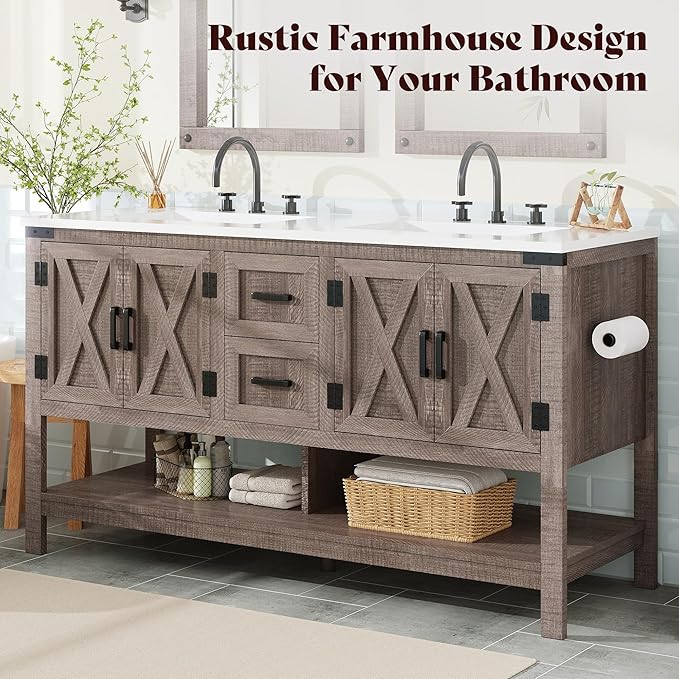AMERLIFE 60” Farmhouse Bathroom Vanity with Double Sink, Freestanding Cabinet with 2 Drawers, 4 Barn Doors & Open Shelf, Rustic Storage for Master or Family Bathroom, Light Gray