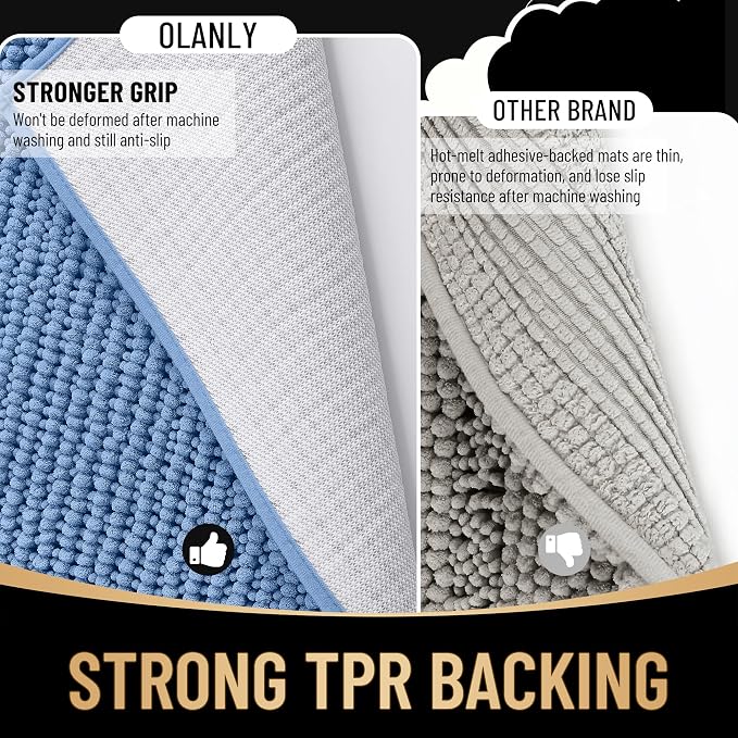 OLANLY Thick Chenille Large Bathroom Rugs Mats 40x32, Cornflower Blue | Soft Absorbent Bath Rugs, Rubber Backing, Machine Wash Dry, Bath Mats for Bathroom, Tub and Shower, Home Decor Accessories