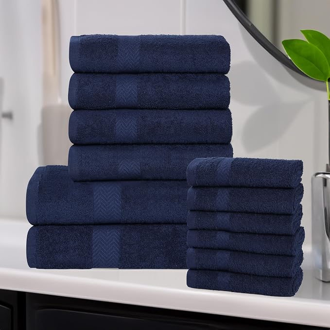 Superior 12-Piece Cotton Assorted Towel Set, Includes 6 Face Towel, 4 Hand, and 2 Bath Towels, Home, Bathroom, Guest Bath Essentials, Quick Dry, Absorbent, Franklin Collection - Navy Blue