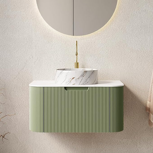LKTART 30 Inch Floating Bathroom Vanity with Sink, Modern Wall Mounted Bathroom Storage Cabinet with Drawer, Stone Pattern Round White Ceramic Sink Top and Marble Texture Top, Green