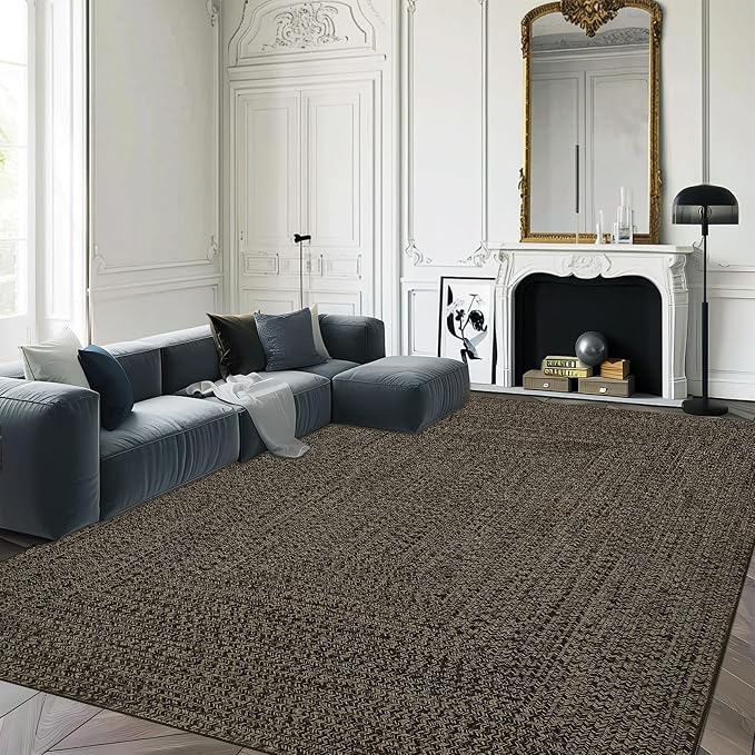 Printed Washable Area Rugs 4x6 Rug for Living Room Modern Rug for Bedroom Braided Pattern Non Slip Entryway Rug Soft Nursery Rugs Stain Resistant Carpet for Entrance Office 4'x6' Black/Brown