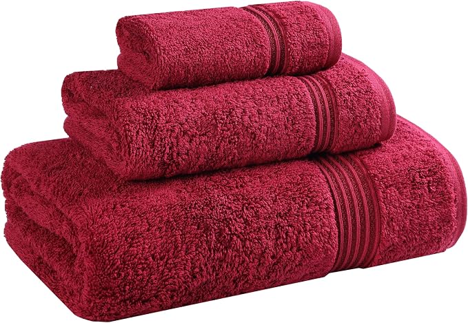 SUPERIOR Egyptian Cotton 3-Piece Towel Set, Basic Towels for Bathroom, Home Decor, Guest Bath, Shower, Apartment, Included 1 Face, 1 Hand, 1 Bath Towel, Washcloth, Quick Dry, Burgundy