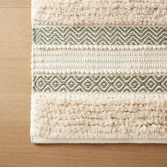 Ink+Ivy Asher Non-Slip Bath Rug Absorbent Quick Dry, 22 x 58, Sage Green | Soft Pile, Machine Washable, Striped Pattern, Boho, OEKO-TEX Certified, Hand-Woven Texture, for Bathroom, Shower Room