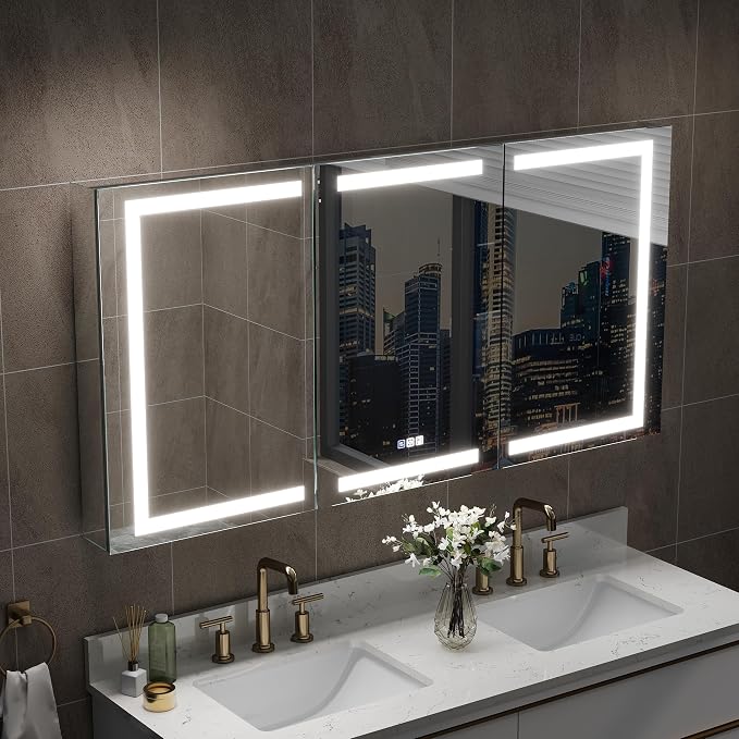 60" X 30" Bathroom Mirror Medicine Cabinet with 3X Magnification Makeup Mirror, LED Mirrored Cabinet, Bathroom Storage Mirror Cabinet, Recessed or Surface, Three Opening Doors