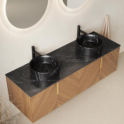 60" Double Sink Bathroom Vanity with Sink Combo, Floating Vanity with Vessel Sink, Wall-Mounted Plywood Bathroom Vanity Storage Cabinet with 4 Doors & 2 Black Round Basin, Brown Oak
