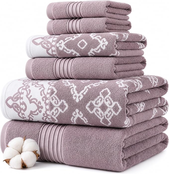 Modern Threads Charlize 6-Piece 100% Cotton Towel Set–Reversible Yarn Dyed Jacquard & Solid – Includes 2 Bath Towels, 2 Hand Towels, 2 Washcloths – Absorbent, Quick Dry, Soft & Durable – Orchid