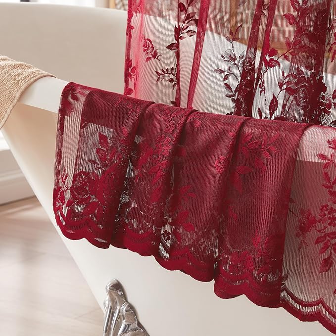 Burgundy Lace Shower Curtain for Bathroom Vintage Maroon Floral Shower Curtain with Attached Valance, Decorative Romantic Victorian Lace Bath Curtains Luxury Wine Bathroom Decor, 72 x 72 Inch, 1 Panel