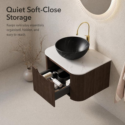 24 Inch Bathroom Vanity with Sink, Floating Wall Mounted Single Sink Vanity for Small Baths, Dark Walnut Curved Fluted Front, Stone Top, Black Marble Vessel Basin, Pre-Assembled