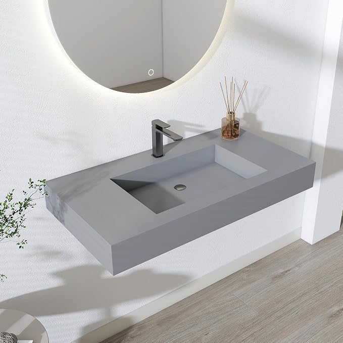 SJ STAR&JANE 35" x 19" in Solid Surface Bathroom Sink, Wall-Mount or Countertop Vessel Sink, Rectangle Floating Vanity Sink in Light Gray, Pre-installed Faucet Holes, Durable Modern Design