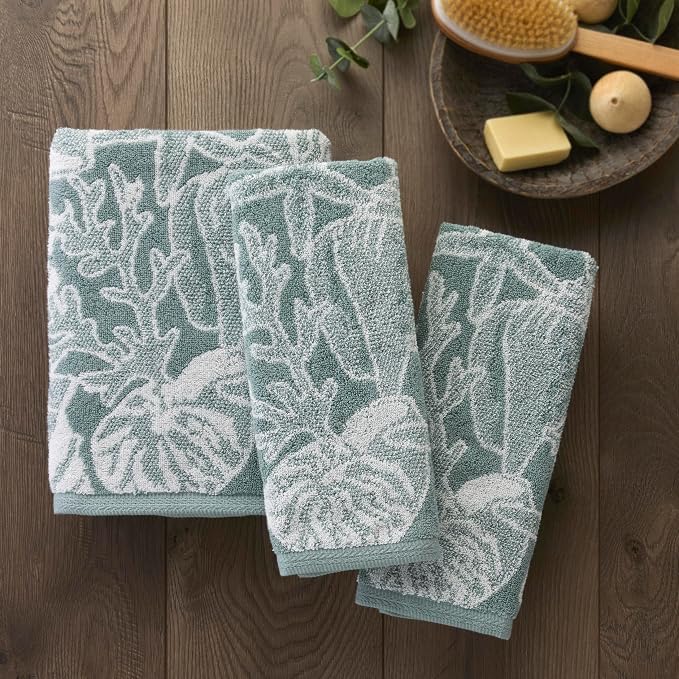 SKL Home South Seas Shell Hand Towel Set-2pc, 100% Cotton, Teal/White | 550 GSM weight. Plush, absorbent & reversible. For the bathroom, kitchen or bar. Fun for Airbnb, beach homes & coastal décor.