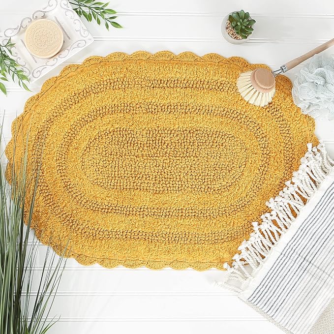 DII Crochet Collection Reversible Bath Mat, Small Oval, 17x24, Honey Gold