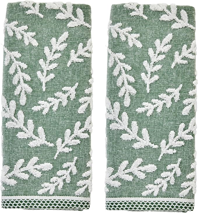 SKL Home Leaf Sprig Hand Towel Set-2pc, 100% Cotton, Reversible, Spruce | Soft & absorbent jacquard. For use in the bathroom, kitchen, or bar & makes a great gift.