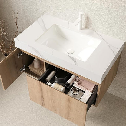 KEIKI 36 Inch Floating Bathroom Vanity with Sink, White Oak & White | Modern Wall Mounted Storage Cabinet w/ Drawer & Door, Pre-assembled Wood Panels, Sintered Stone Top & Ceramic Basin Combo Set