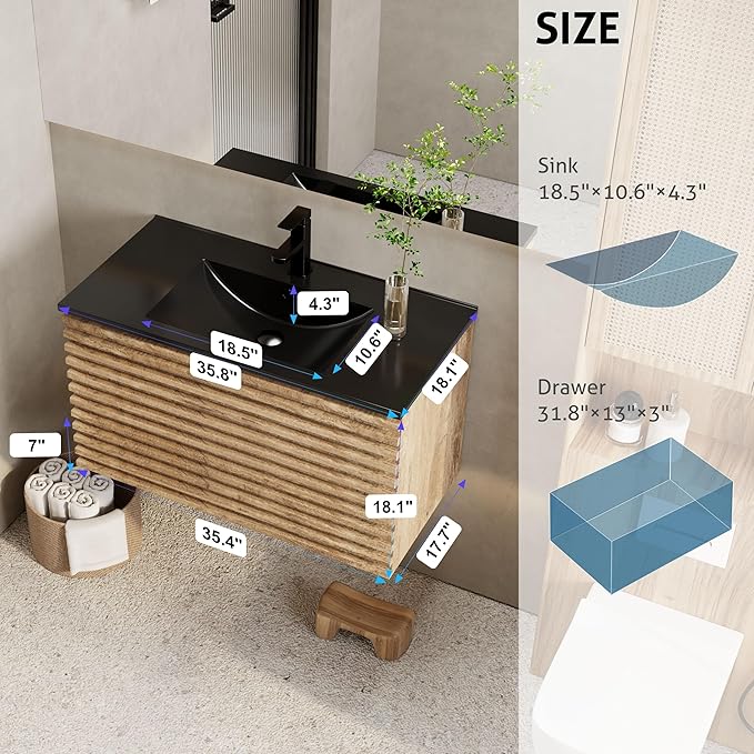 eclife 36" Floating Bathroom Vanity with Sink Combo, Mid-Century Wall Mounted Cabinet with Wood Stripes Decor, Drawers, Undermount Single Black Sink, Faucet, Drain, Light Walnut