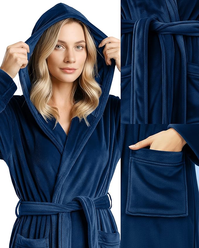 NY Threads Women's Fleece Hooded Bathrobe Plush Long Spa Robe, Medium