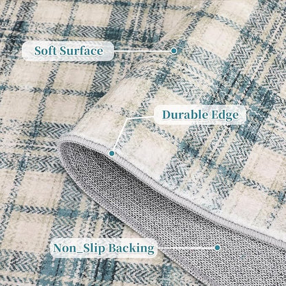 Washable Rugs Runner Rug 2x6 Modern Plaid Area Rug Soft Carpet 2'x6' Green/Beige