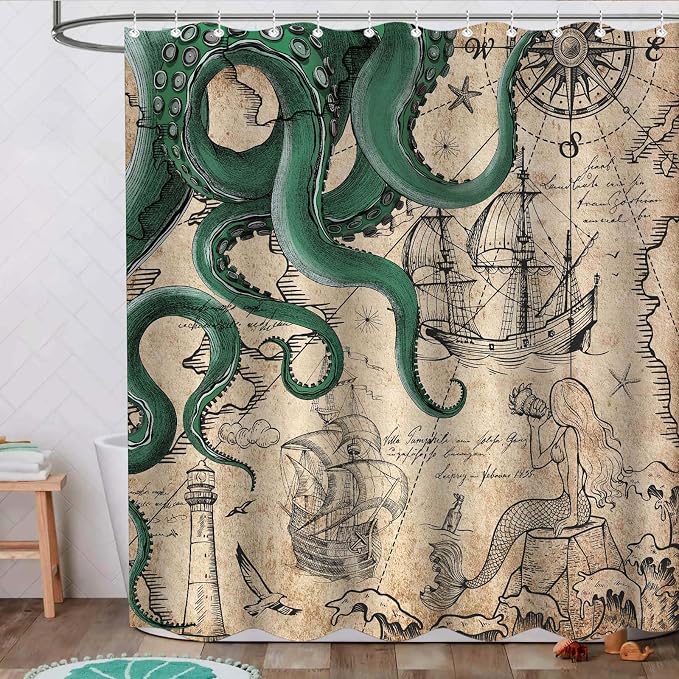 Fungarth Vintage Green Nautical Octopus Shower Curtain Mermaid Funny Ocean Kraken Shower Curtains for Bathroom Cool Anchor Coastal Map Waterproof Fabric Bath Curtain with Hooks (Retro2, 72” x 72”)