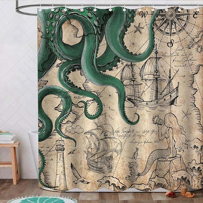 Fungarth Vintage Green Nautical Octopus Shower Curtain Mermaid Funny Ocean Kraken Shower Curtains for Bathroom Cool Anchor Coastal Map Waterproof Fabric Bath Curtain with Hooks (Retro2, 72” x 72”)