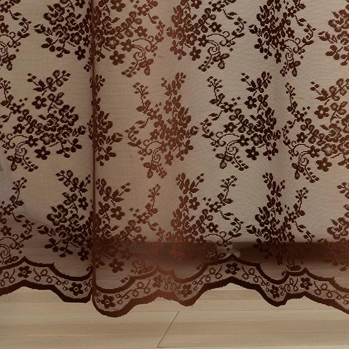 Chocolate Brown Shower Curtain, 72x84, Vintage Lace with Attached Valance | Brown Lace Shower Curtain with Scalloped Floral Trim, Vintage, Rustic Farmhouse Tall Bathrooms with High Rods