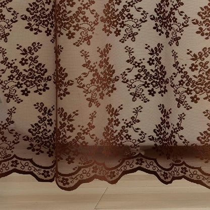 Chocolate Brown Shower Curtain, 72x84, Vintage Lace with Attached Valance | Brown Lace Shower Curtain with Scalloped Floral Trim, Vintage, Rustic Farmhouse Tall Bathrooms with High Rods