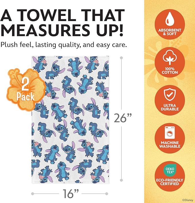 Disney Stitch Cotton Kitchen Towels, 2-Pack 16"x26", Absorbent | Durable, colorfast dish towels resist fraying, machine washable, dries dishes, hangs on oven handles, great for gifting