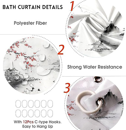 4-Piece Cherry Blossoms Shower Curtain Set Mountain Bathroom Set with Shower Curtain and Rugs, Japanese Style Bath Curtain with Hooks for Home Decor
