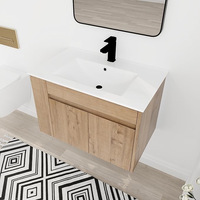 30 in Wall-Mounted Bathroom Vanity with Sink Combo, Modern Floating Bathroom Vanity Set with Ceramic Top Basin and 2 Door&Adjustable Shelf for Small Space, Brown