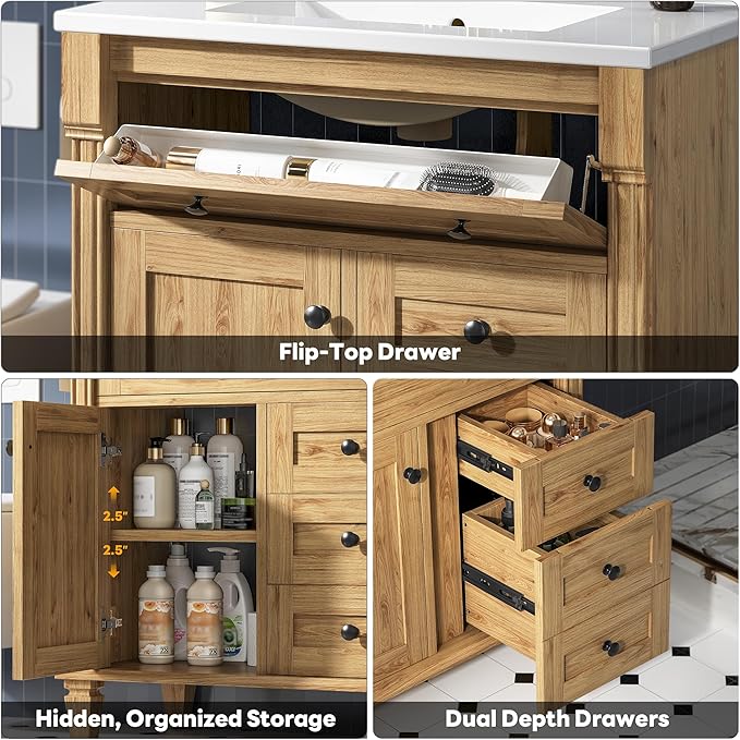 LIKIMIO 30 Inch Bathroom Vanity with Sink, Towel Holder & Adjustable Solid Wood Legs for Uneven Floor, Modern Bathroom Storage Cabinet with Tip-Out Drawer, 2 Drawers & Adjustable Shelf, Nature