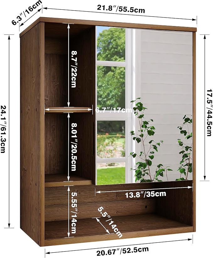 SMIBUY Bathroom Mirror Cabinet Wall Mounted, Bamboo Space Saver Medicine Cabinet, Wall Hanging Over Toilet Storage Cabinet with Mirror Door and Adjustable Shelf (Walnut)
