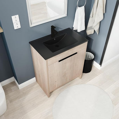 SSLine 30-Inch Bathroom Vanity with Sink Mid-Century Bathroom Vanities with Black Top Basin Floor Wood Bathroom Sink Cabinet with Soft-Close Doors & Adjustable Storage Shelves (Light Oak)