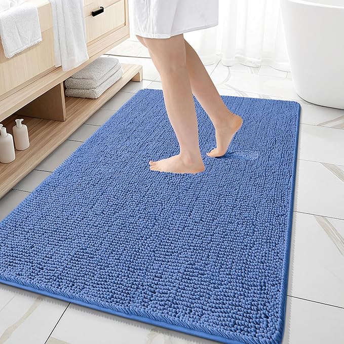 OLANLY Large Bathroom Rugs 59x35, Extra Soft Absorbent Chenille Bath Rugs | Cornflower Blue, Quick-Drying Rubber Backing, Washable Bath Mat for Bathroom Floor, Tub and Shower, Home Decor Accessories