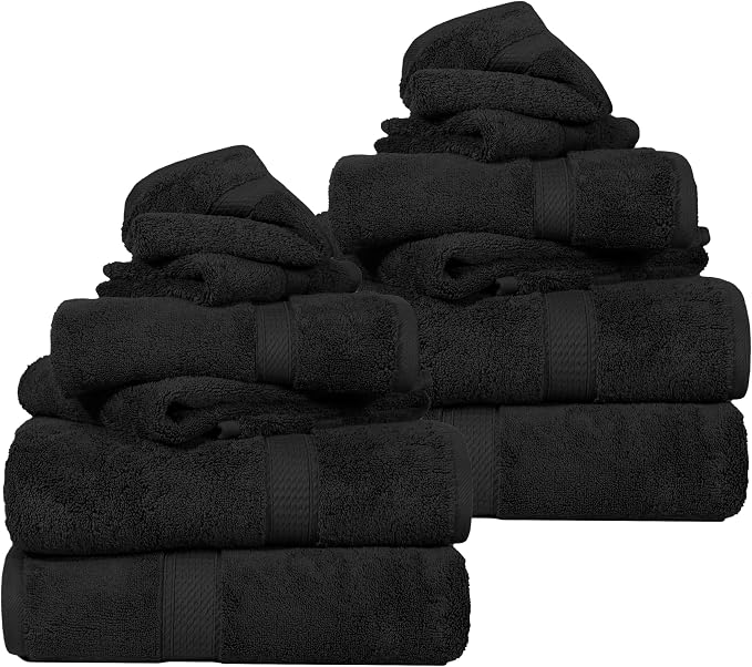 SUPERIOR Egyptian Cotton Ultra Plush & Absorbent, 12 Piece Set, Black | Heavyweight 12 Pc Egyptian Cotton Towel Set Includes 4 Bath Towels 4 Hand Towels 4 Washcloths Decorative Rope Border