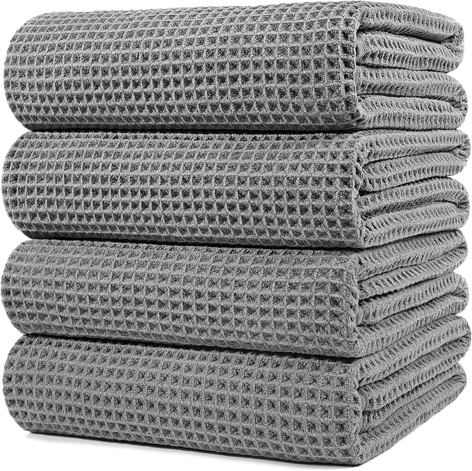 POLYTE 430 GSM Poly Blend Microfiber Quick Dry Waffle Bath Towel, 30x60 in | 4 Pack, Oversize, Lint Free, Body Towel